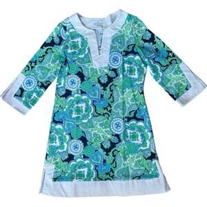 Jude Connally Paisley 3/4 Sleeve V-Neck Tunic Dress White/Green Women's Large